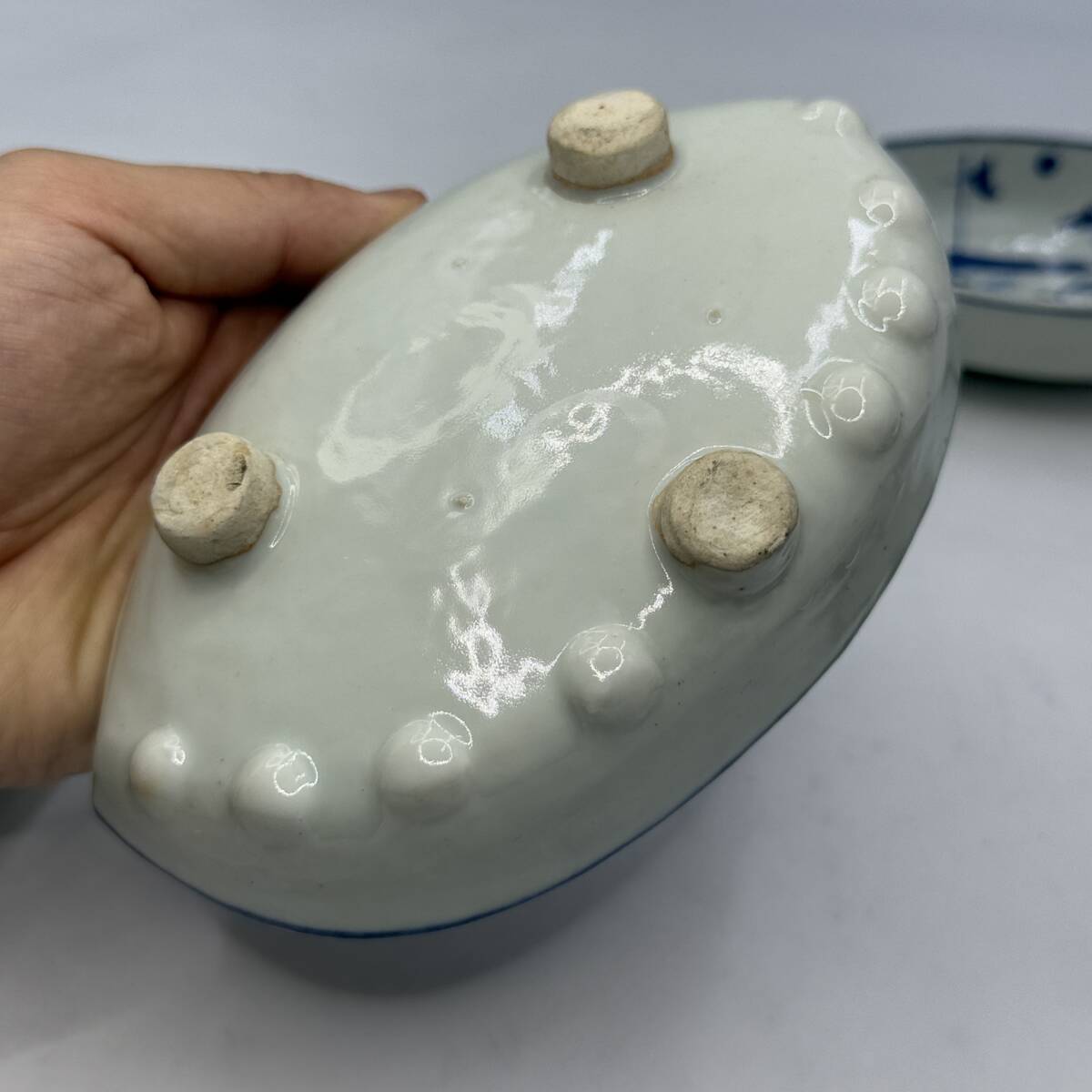 時代物 旧家整理品 清朝期 古染付山水人物文四足向付 五客 良い 時代物 旧家整理品 清朝期 古染付山水人物文四足向付 五客 良い