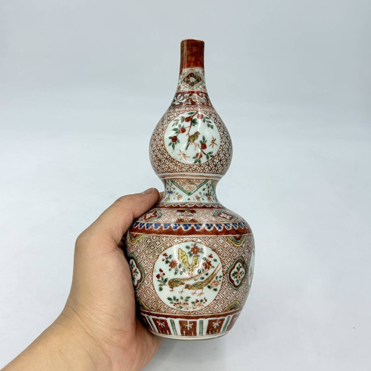 時代物 旧家整理品 清朝期 花鳥文瓢箪形花瓶 花入 在銘有り 無傷 時代物 旧家整理品 清朝期 花鳥文瓢箪形花瓶 花入 在銘有り 無傷