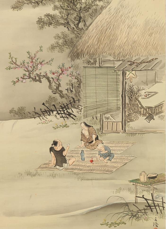 真作】◇佐竹永陵◇和合之図◇春景◇家族◇日本画◇肉筆◇絹本 真作】◇佐竹永陵◇和合之図◇春景◇家族◇日本画◇肉筆◇絹本