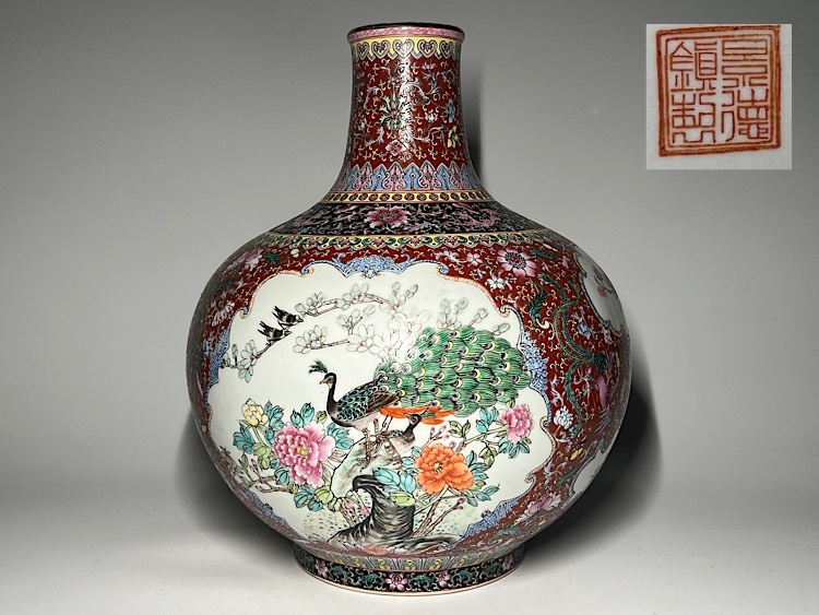 瑞】景徳鎮製 粉彩 花鳥絵 大花瓶 中国美術 合わせ箱 高さ:36 瑞】景徳鎮製 粉彩 花鳥絵 大花瓶 中国美術 合わせ箱 高さ:36