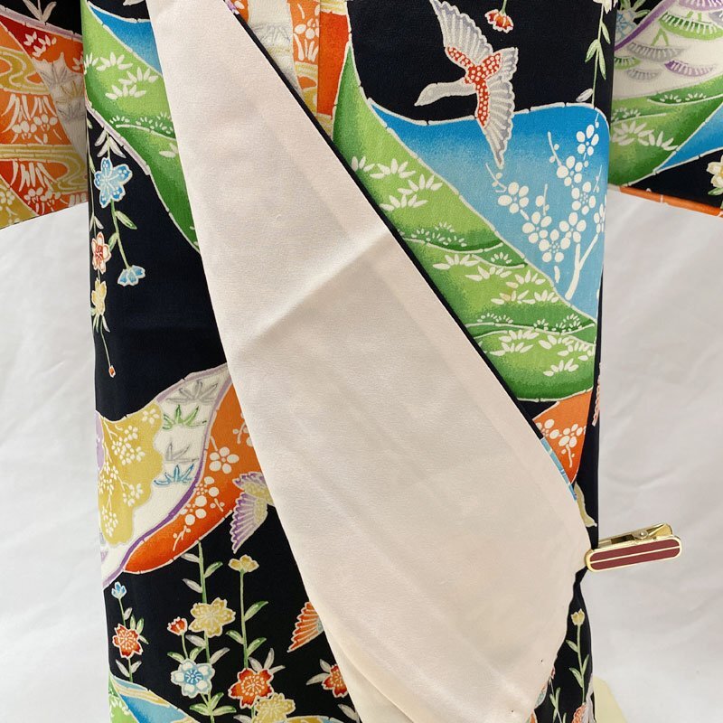 ◎七五三 七歳 女児 総柄 着物&袋帯 枝垂桜鳥 黒◎美品