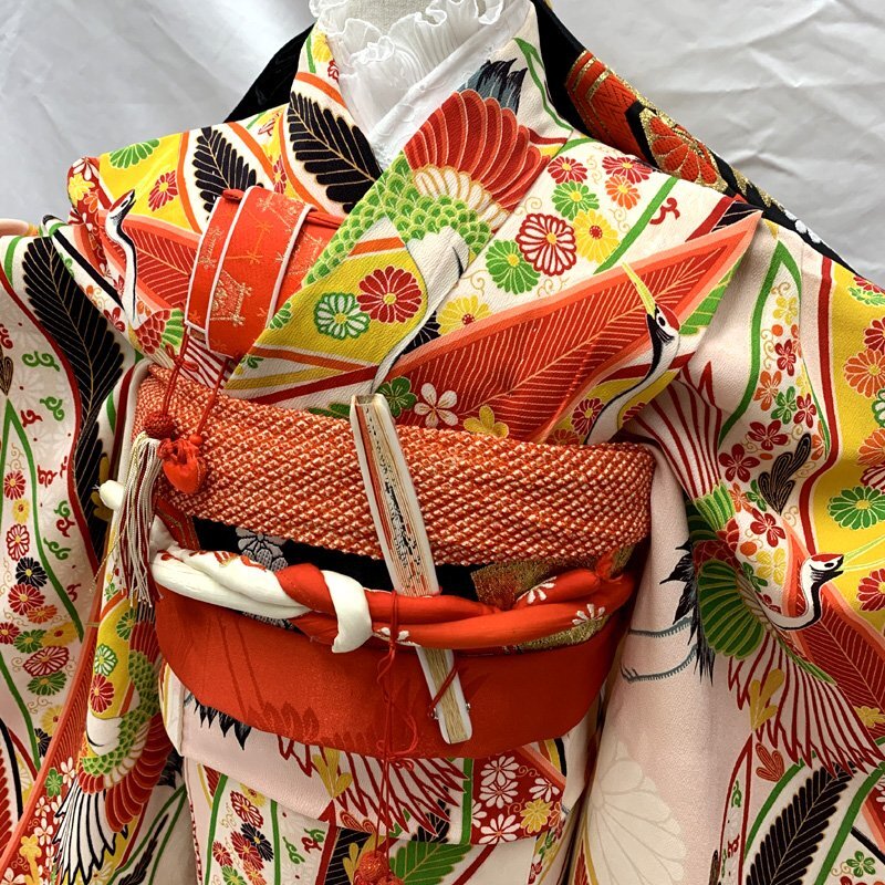 □きものマーチ□七五三 セミアンティーク 七歳 女児 著物&袋帯 淡いピンク白□狀態(tài)良好 504ag87