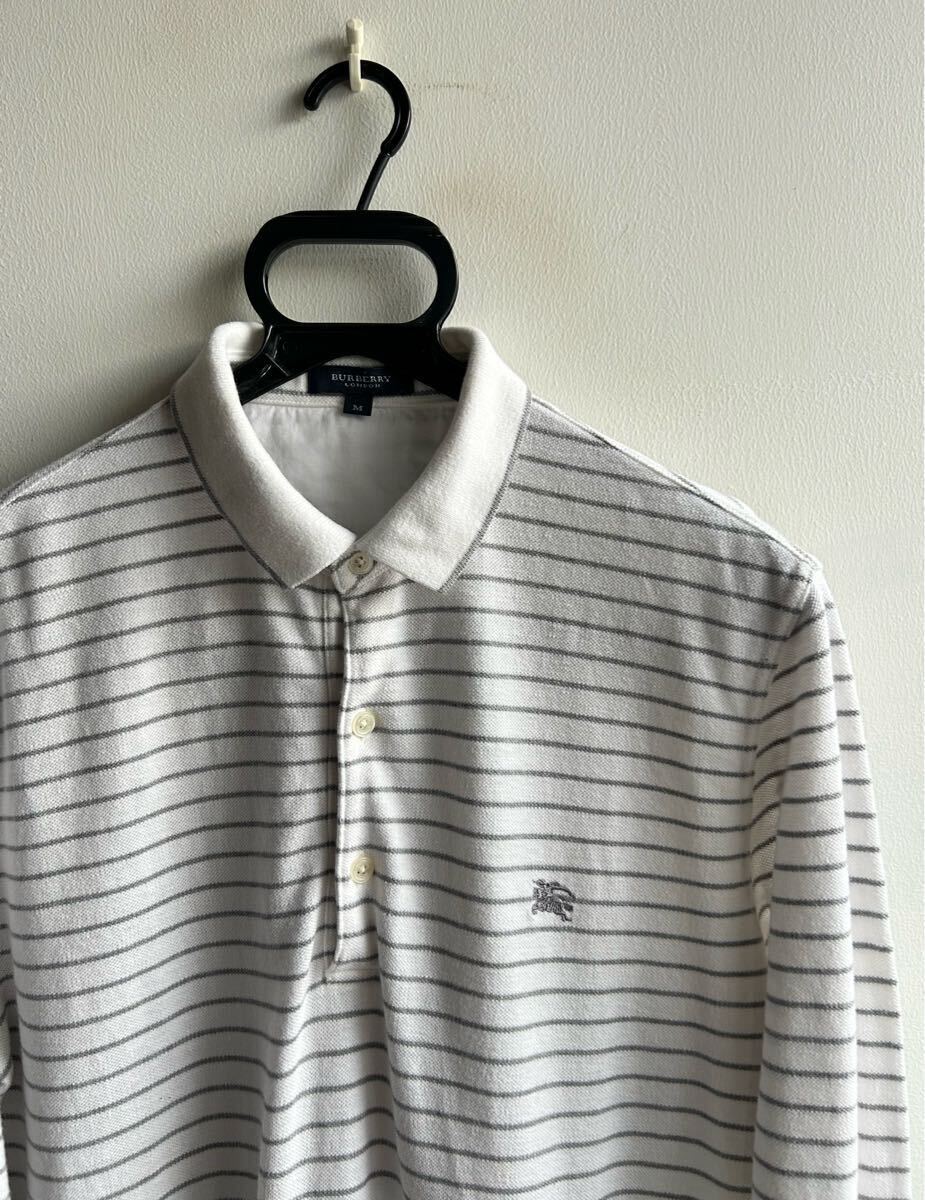 美品】BURBERRY LONDON ポロシャツ 長袖 メンズ M ボーダー 白 美品】BURBERRY LONDON ポロシャツ 長袖 メンズ M ボーダー 白