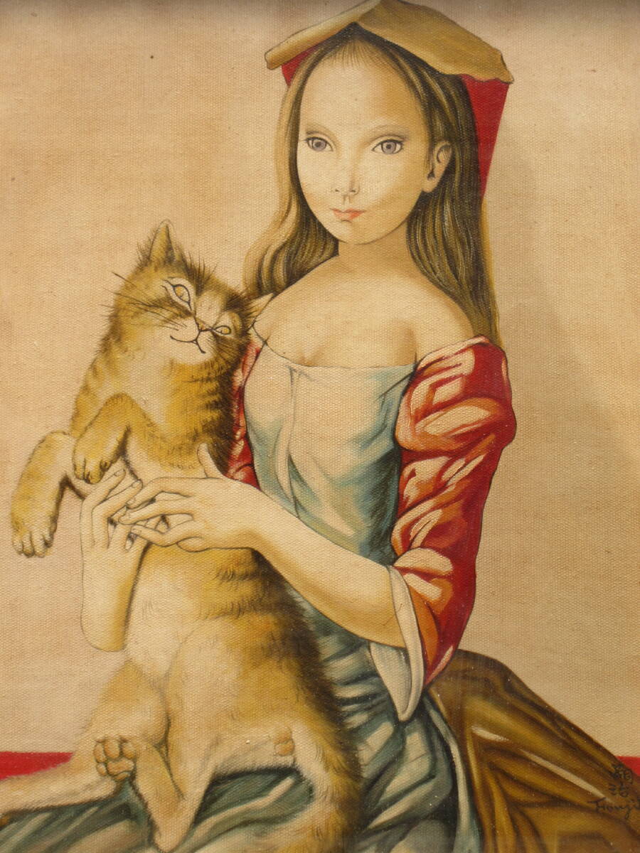 藤田嗣治 手描き油彩「猫を抱く少女」/ 模写 / 表サイン 裏面 藤田嗣治 手描き油彩「猫を抱く少女」/ 模写 / 表サイン 裏面