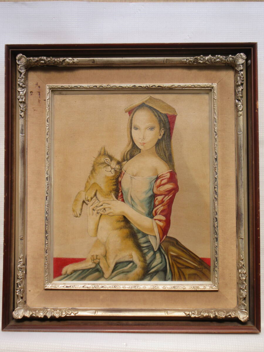 藤田嗣治 手描き油彩「猫を抱く少女」/ 模写 / 表サイン 裏面 藤田嗣治 手描き油彩「猫を抱く少女」/ 模写 / 表サイン 裏面