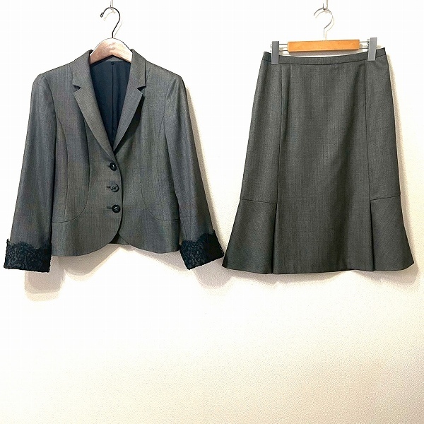 #anc レリアン Leilian スカートスーツ 9 黒系 白 シルク混 レース レディース [937761]_画像1