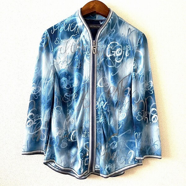 #anc GKITALIYA 伊太利屋 カーディガン 9 青 水色 薄手 ジップアップ ラインストーン 柄 レディース [906671]