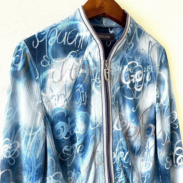 #anc GKITALIYA 伊太利屋 カーディガン 9 青 水色 薄手 ジップアップ ラインストーン 柄 レディース [906671]