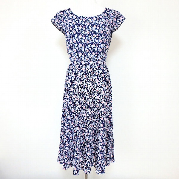 #snc ローラアシュレイ LAURAASHLEY ワンピース 11 紺 白 ピンク 半袖 花柄 総柄 サイドファスナー レディース [939076]