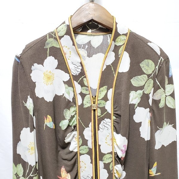 #anc イタリヤ 伊太利屋 シャツ?ブラウス 7 茶 白 緑 花柄 ジップアップ 七分袖 ノーカラー レディース [937732]