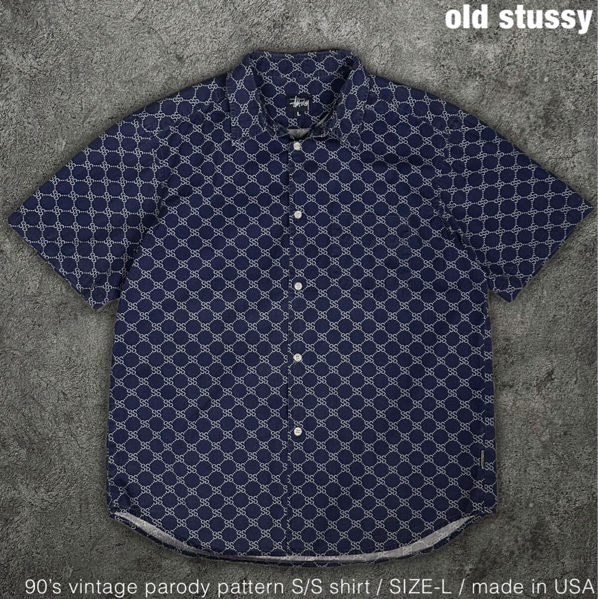 old stussy 90s ビンテージ 紺タグ USA製 総柄 シャツ SS 半袖 old stussy 90s ビンテージ 紺タグ USA製 総柄 シャツ SS 半袖