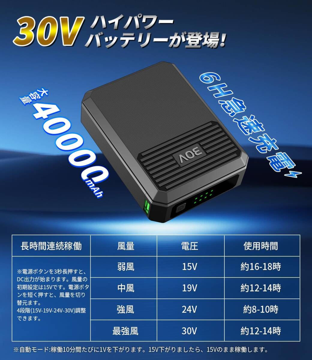 ファンバッテリーセット 空調(diào)作業(yè)服用【30V超高輸出&40000mAh大容量& 4段階風(fēng)力調(diào)節(jié) 長時間連続稼働 PSE認(rèn)証済 省エネ 90mm服穴徑対応