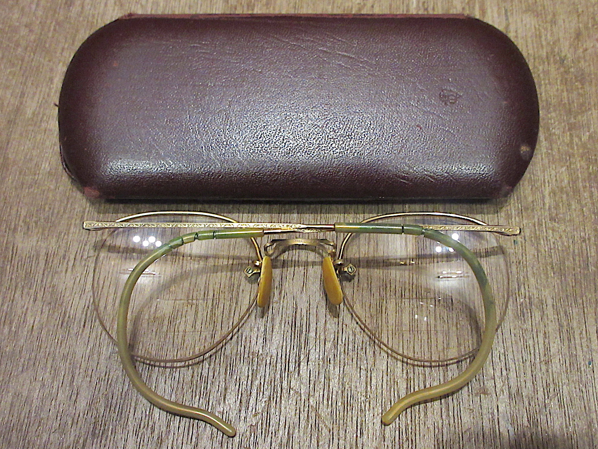 ビンテージ40's●ケース付きAmerican Optical 1/10 12KGF彫金ボストン眼鏡●250420z8-eygls金張りリムレス縁無しメガネアイウェア