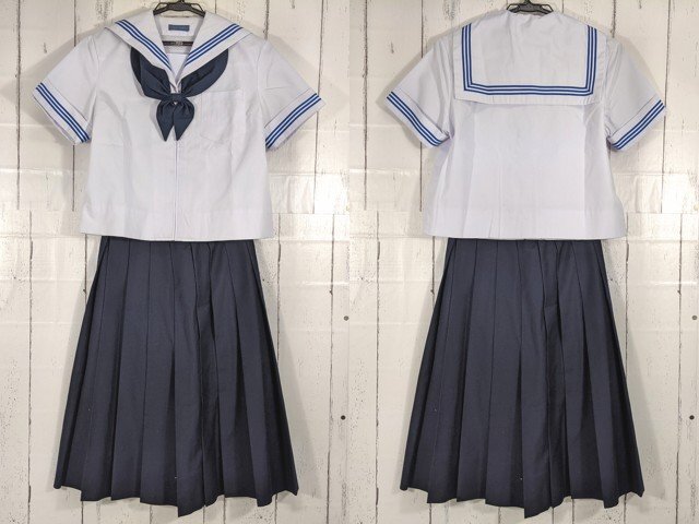【as1003】山梨県 竜王中学校 女子用学生服 制服 夏服セーラー服+サスペンダー付き夏服スカート+リボン◆h77