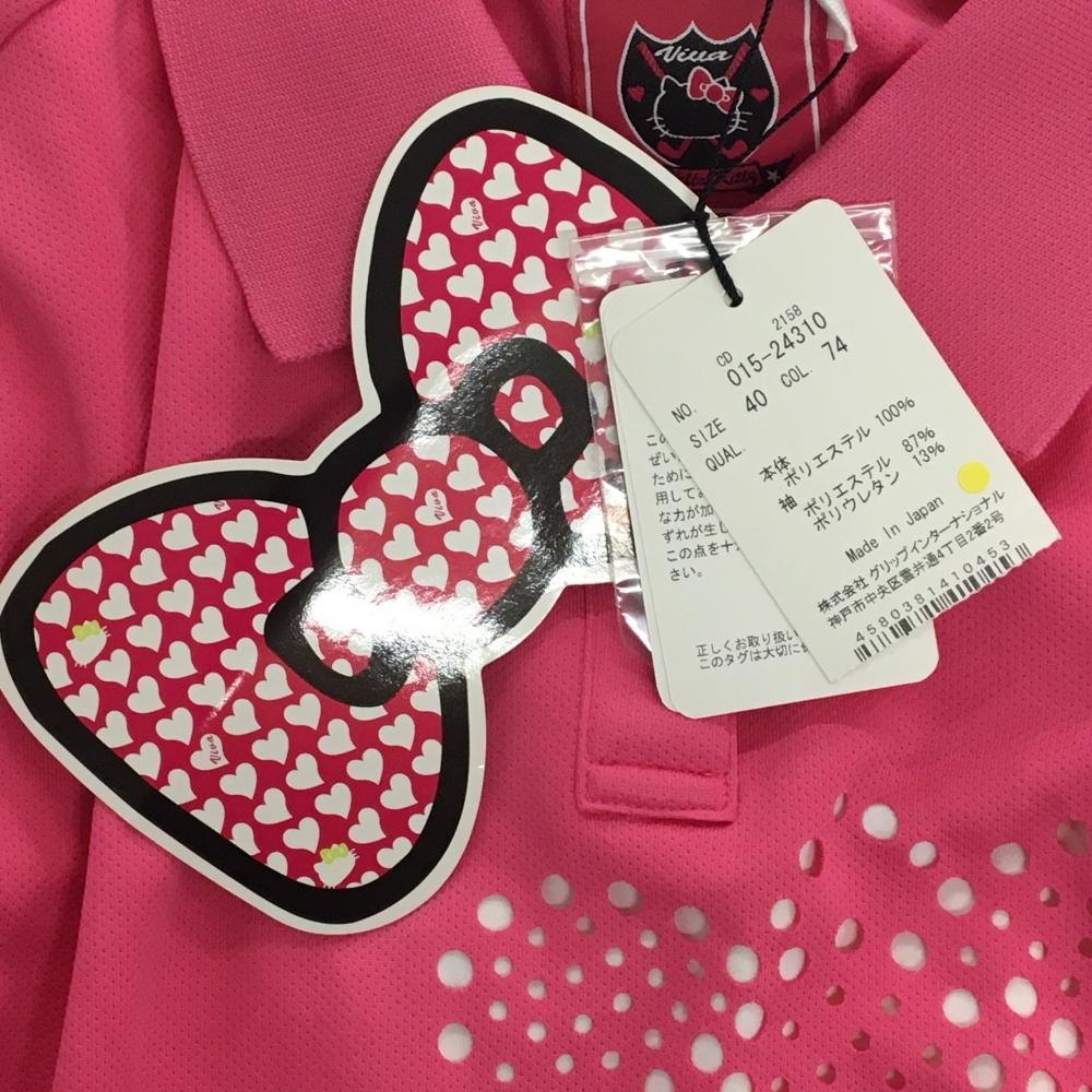 【新品】ビバハート×ハローキティ 長袖ポロシャツ ピンク×白 重ね著風(fēng) レディース 40(M) ゴルフウェア VIVA HEART