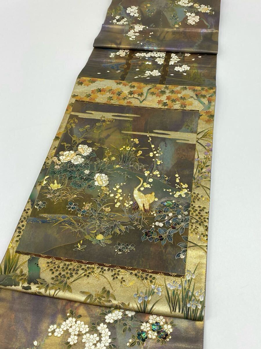 螺鈿細工 甲斐泰造 落款入 袋帯 鶴 鳥 金彩加工 正絹 お太鼓柄 螺鈿細工 甲斐泰造 落款入 袋帯 鶴 鳥 金彩加工 正絹 お太鼓柄