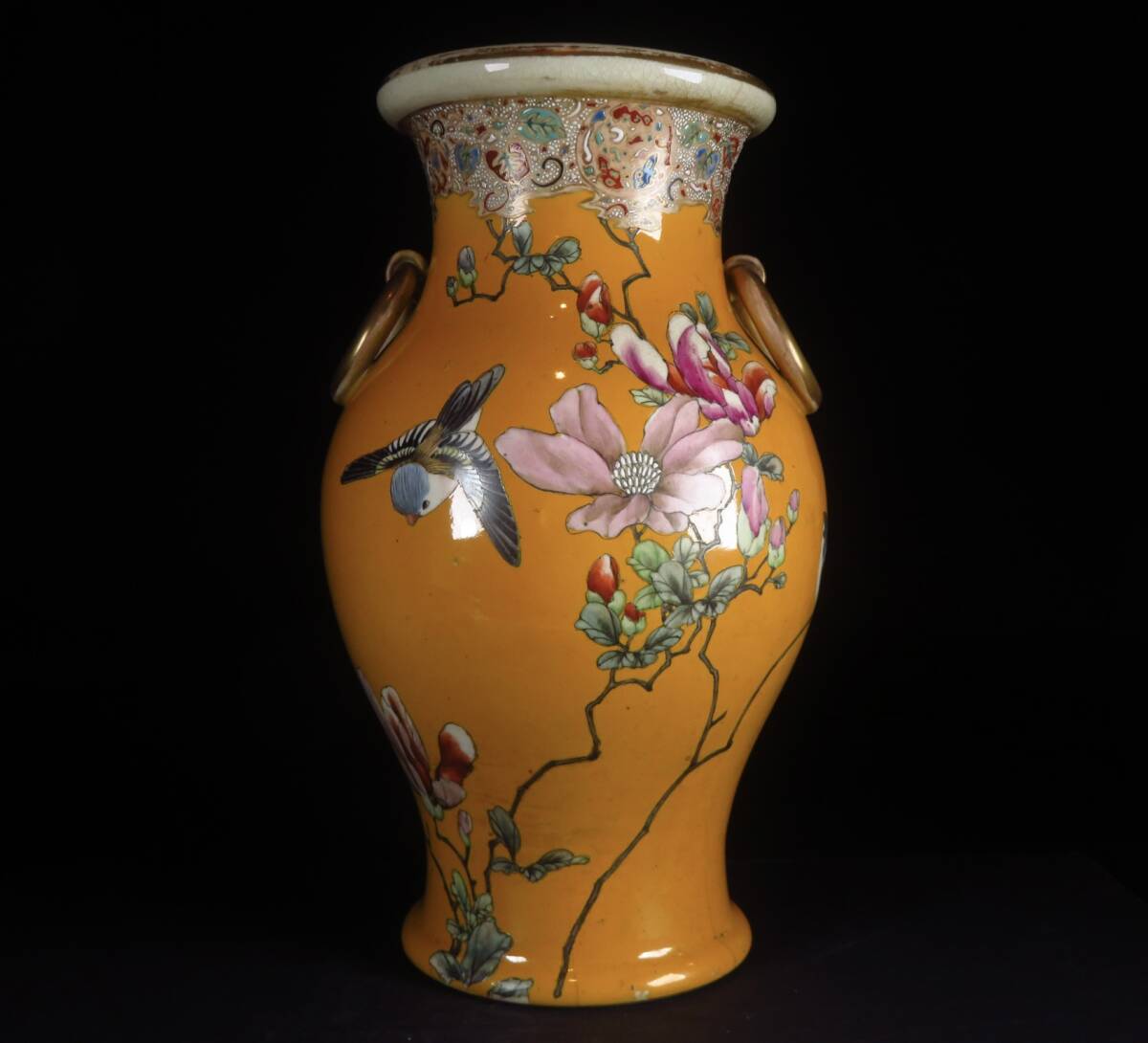 SAKURAYA】旧家整理品【金彩色絵花鳥文遊環付花瓶/薩摩焼 安田造 SAKURAYA】旧家整理品【金彩色絵花鳥文遊環付花瓶/薩摩焼 安田造
