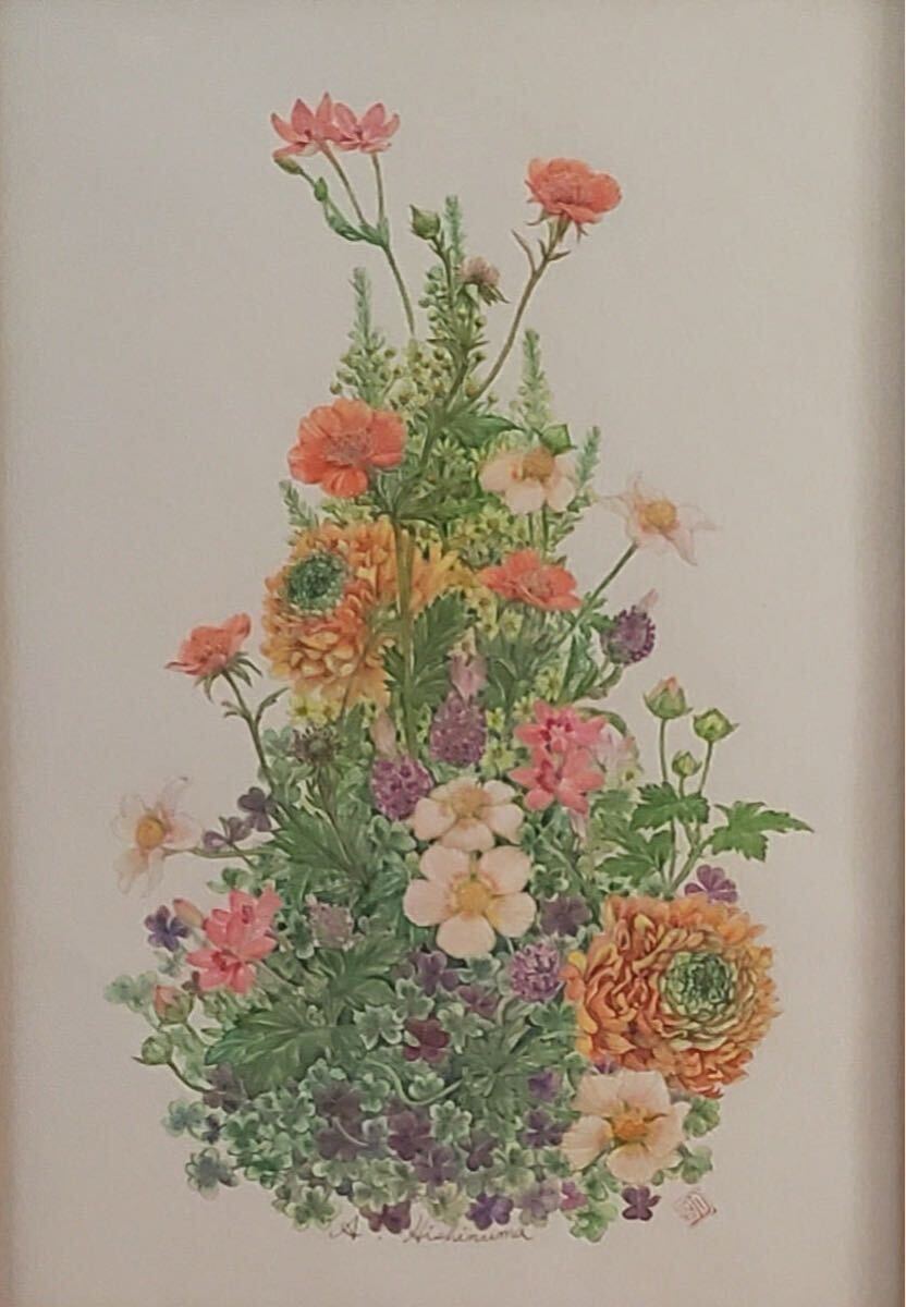 【真作】菱沼明子　陽香　額裝　肉筆畫　直筆サイン　花鳥畫　水彩畫　日本畫　創(chuàng)明會(huì)　Hishinuma Akiko Youkou