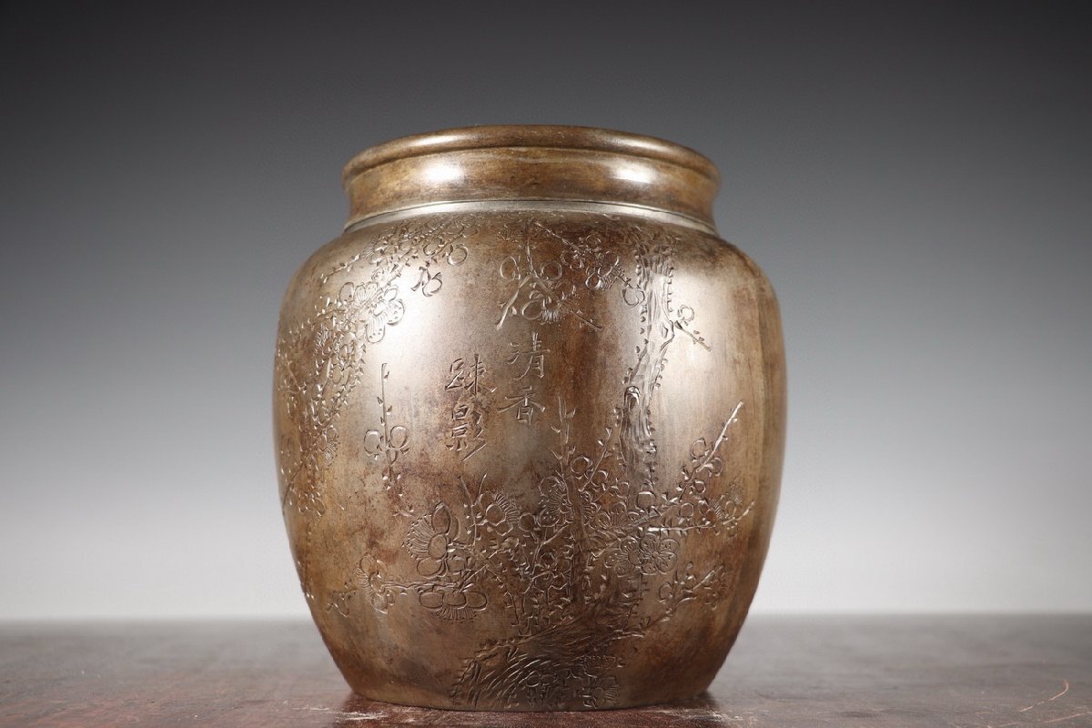 清】某収集家放出品 時代物 本錫 梅花漢詩紋茶壷17.5x20 清】某収集家放出品 時代物 本錫 梅花漢詩紋茶壷17.5x20