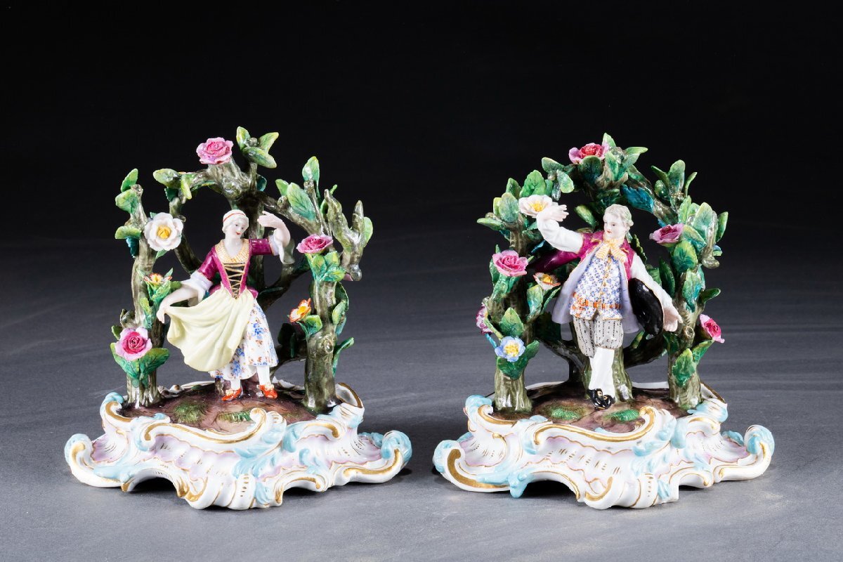 華】時代舊藏 時代物 Meissen・マイセン 色絵西洋人物置物一双 華】時代舊藏 時代物 Meissen・マイセン 色絵西洋人物置物一双
