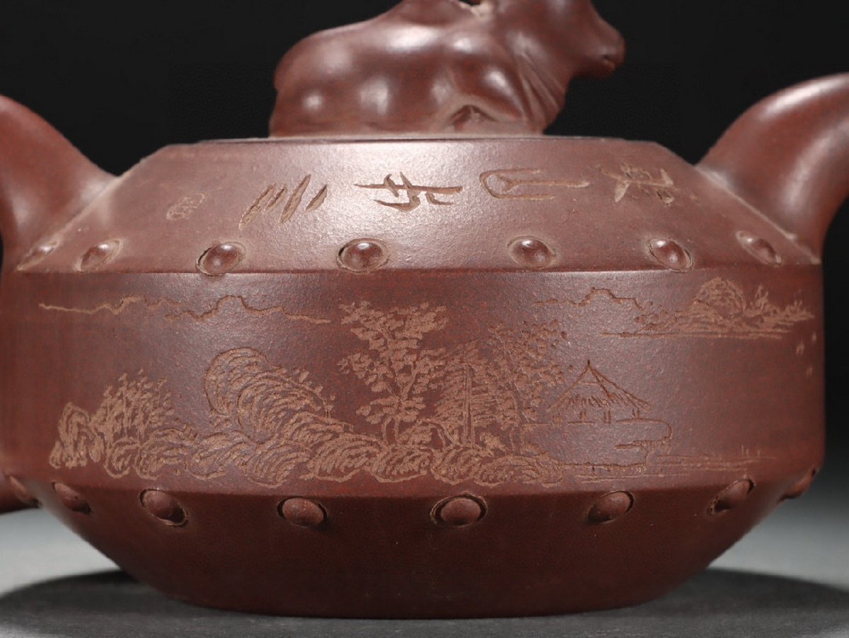 清】時代舊藏 時代物 紫砂朱泥 在銘 漢詩紋急須22x11.5㎝ 茶注 清】時代舊藏 時代物 紫砂朱泥 在銘 漢詩紋急須22x11.5㎝ 茶注