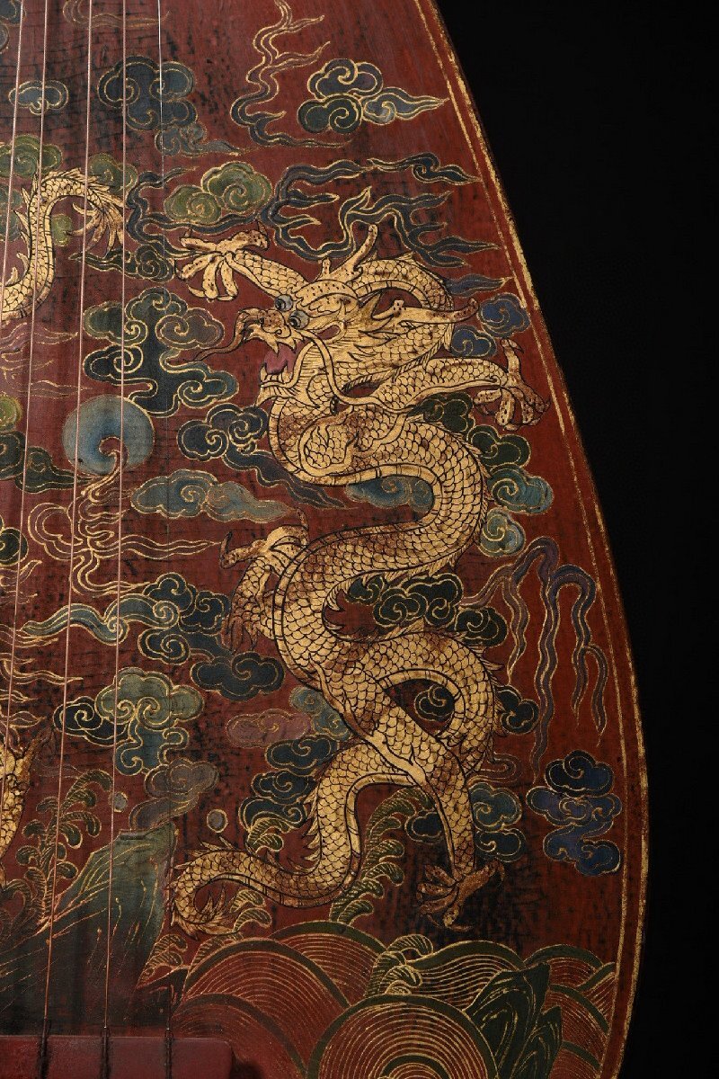 清】時代舊藏 清時代 大漆 色絵描金双龍図琵琶琴116x37x10 清】時代舊藏 清時代 大漆 色絵描金双龍図琵琶琴116x37x10