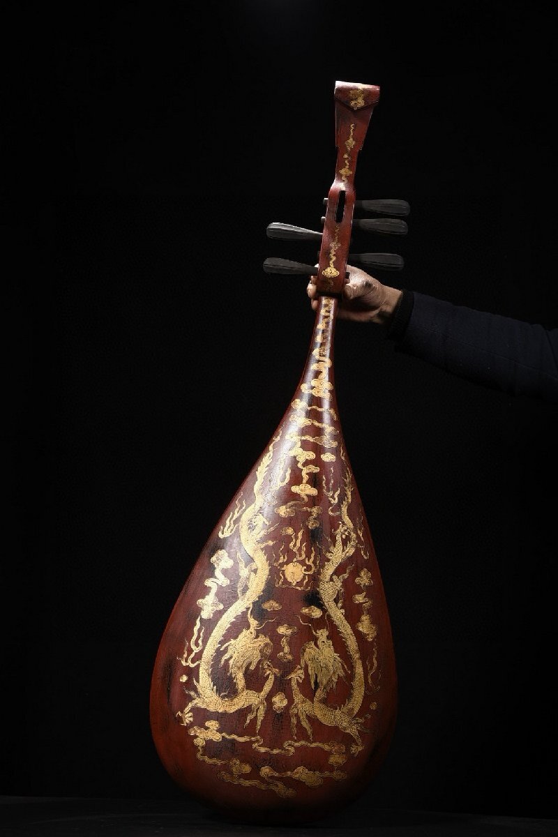 清】時代舊藏 清時代 大漆 色絵描金双龍図琵琶琴116x37x10 清】時代舊藏 清時代 大漆 色絵描金双龍図琵琶琴116x37x10