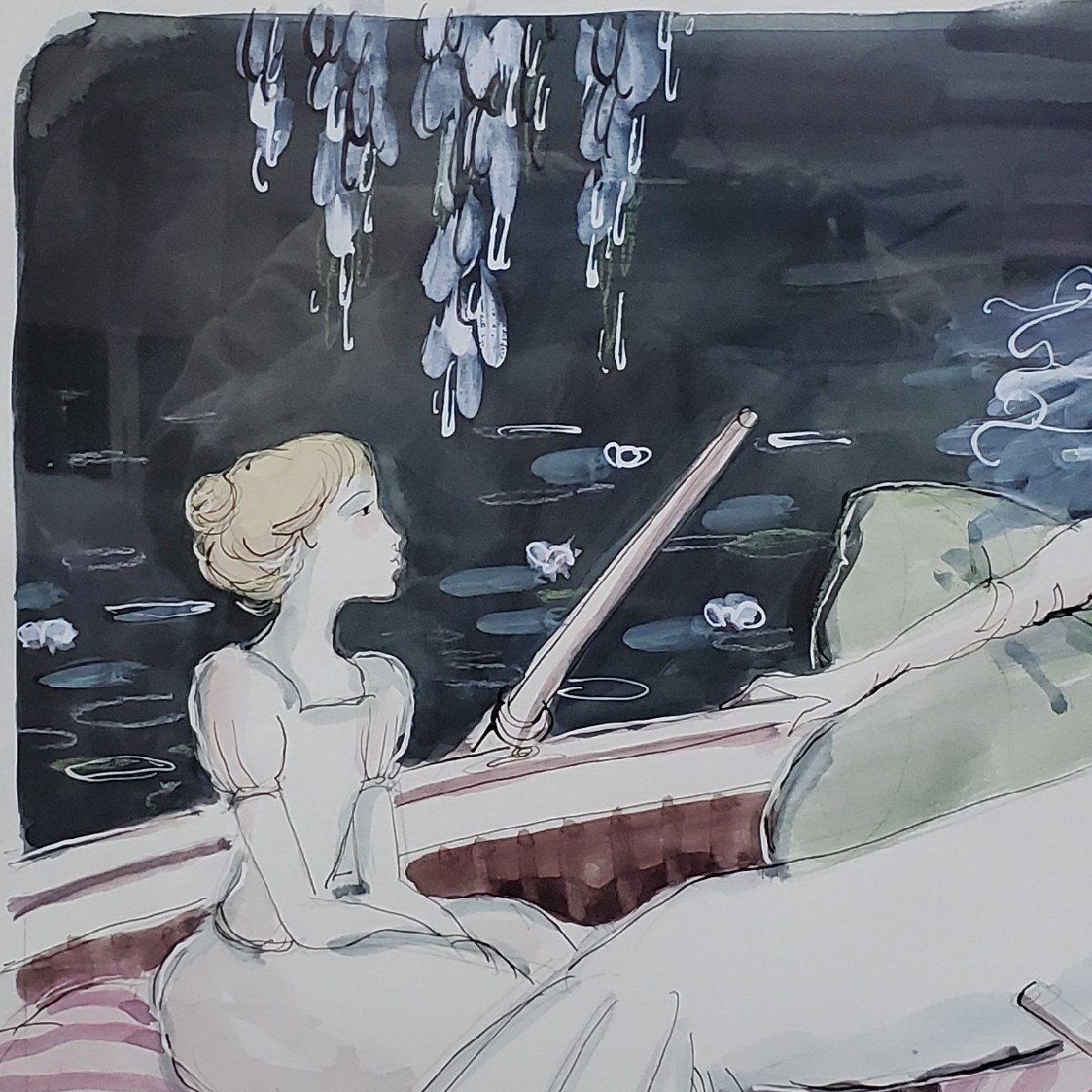【寶蔵】真作 サージ マルジス Serge Marjisse フランス 水彩畫 ボートの女 額裝 約77㎝×約59㎝ アート コレクション