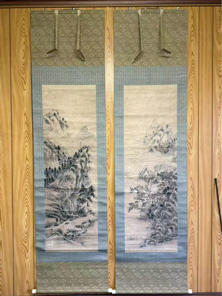 模写】 雪舟双幅 細密 山水図 紙本 掛軸 中国画 中国古玩 古画 模写】 雪舟双幅 細密 山水図 紙本 掛軸 中国画 中国古玩 古画