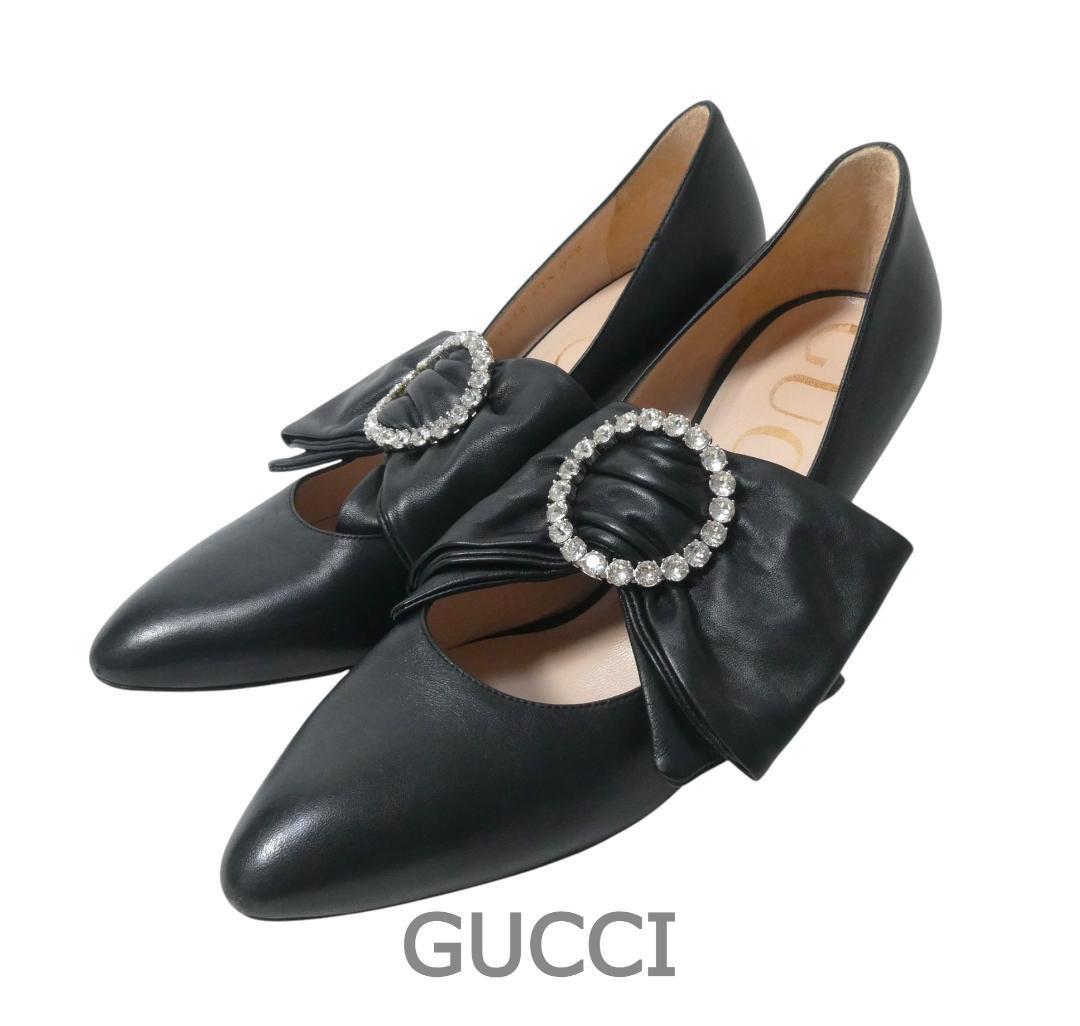 GUCCI ブラック ハイヒール リボン付き グッチ シニョリーア〕スリングバック パンプス ・ブラック