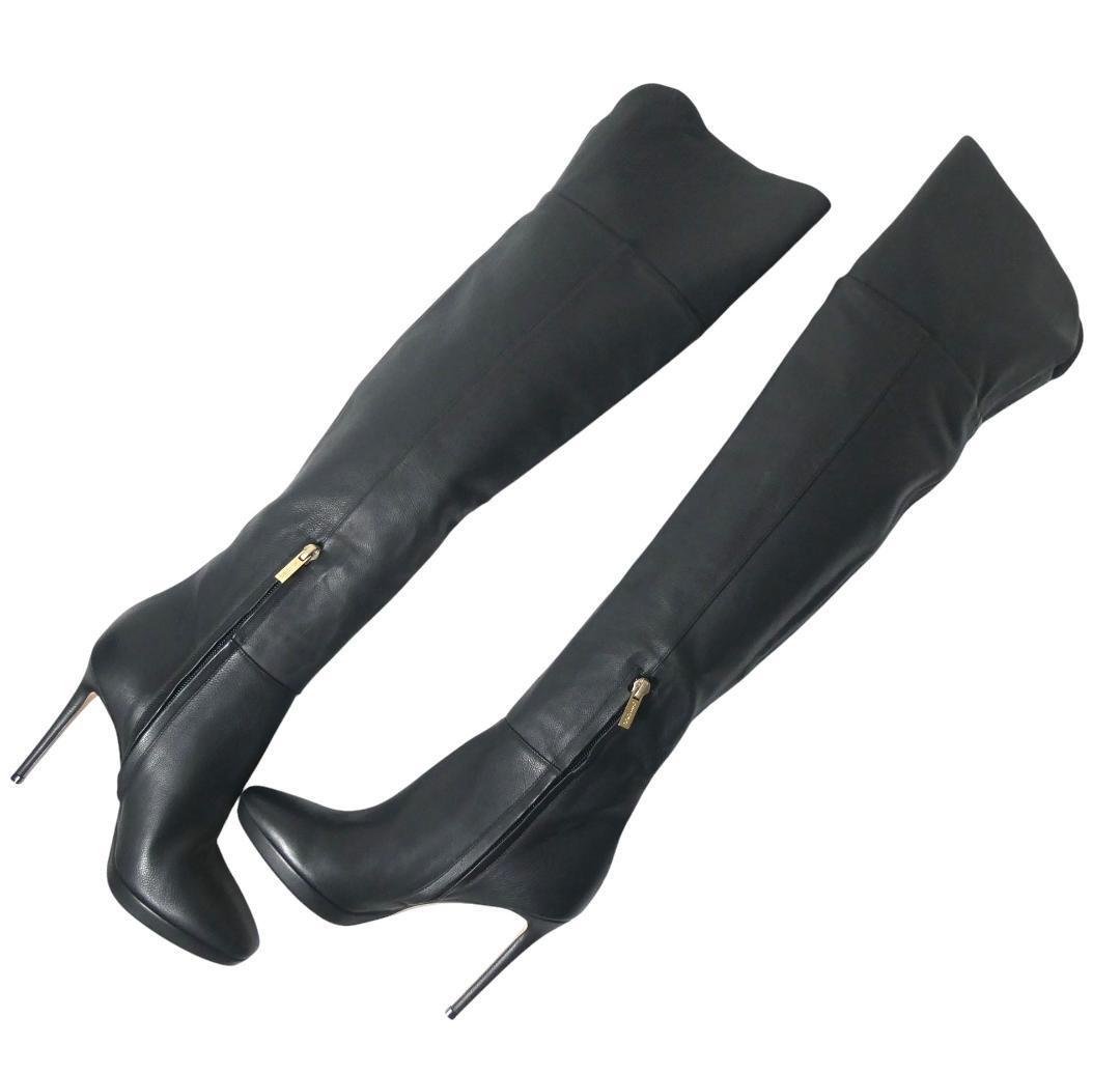  как новый JIMMY CHOO Jimmy Choo 36.5 примерно 23.5cm кожа раунд tu высокий каблук ботфорты сапоги чёрный черный 