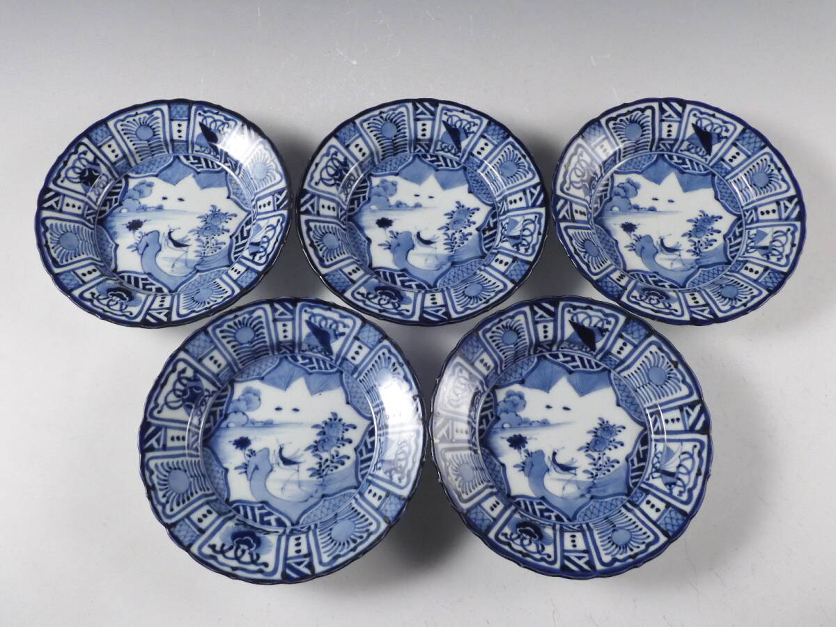 ○栄○古伊万里 染付 芙蓉手 虫 花草文 輪花 皿 5客 無傷完品 ○栄○古伊万里 染付 芙蓉手 虫 花草文 輪花 皿 5客 無傷完品