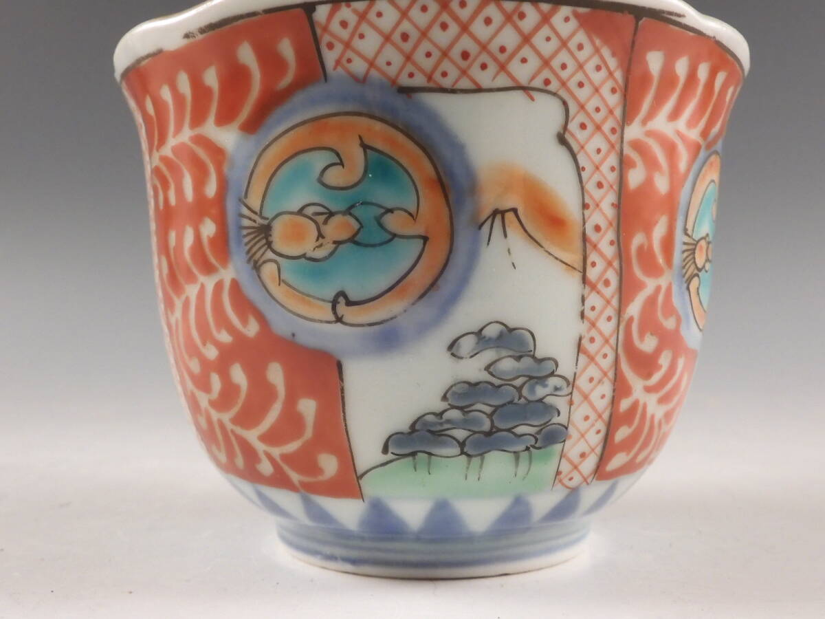 ○栄○古伊万里 色絵 窓絵 山水 蛸唐草文 鉢 向付 蕎麦猪口 5客 ○栄○古伊万里 色絵 窓絵 山水 蛸唐草文 鉢 向付 蕎麦猪口 5客