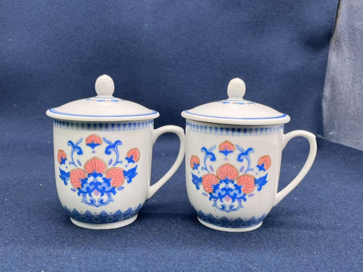r apr15 06 中国景徳鎮製 赤絵 青花 煎茶道具 蓋付き 2客 染付 r apr15 06 中国景徳鎮製 赤絵 青花 煎茶道具 蓋付き 2客 染付
