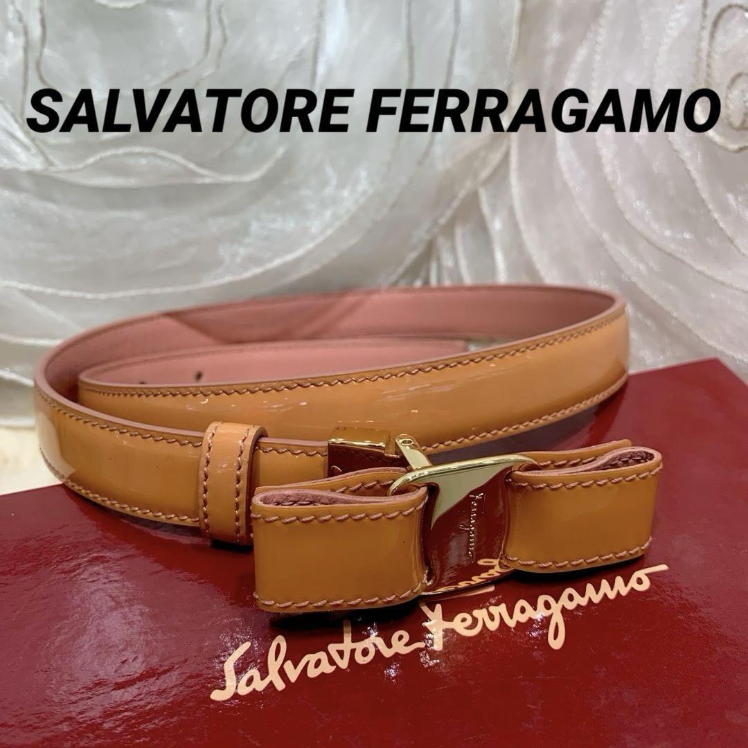 * прекрасный товар * Ferragamo vala лента женский ремень эмаль salmon розовый * прекрасный товар * Ferragamo vala лента женский ремень эмаль salmon розовый