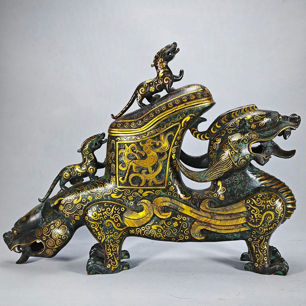 □観心・時代旧蔵□K4711春秋時代 青銅器 青銅錯金双頭子母獣 □観心・時代旧蔵□K4711春秋時代 青銅器 青銅錯金双頭子母獣