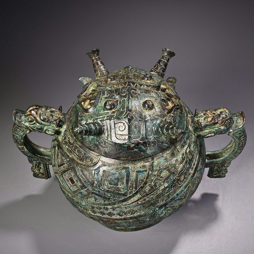 □観心・時代旧蔵□K4719戦漢時代 青銅器 青銅龍頭耳鼎 食鍋 □観心・時代旧蔵□K4719戦漢時代 青銅器 青銅龍頭耳鼎 食鍋