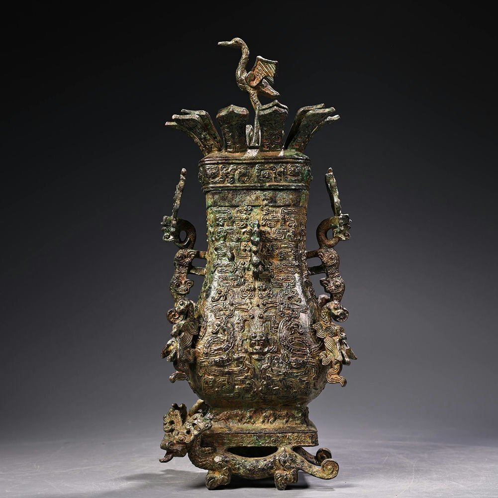 □観心・時代旧蔵□K4702戦漢時代 青銅器 青銅方鶴壺尊 細密細工 □観心・時代旧蔵□K4702戦漢時代 青銅器 青銅方鶴壺尊 細密細工