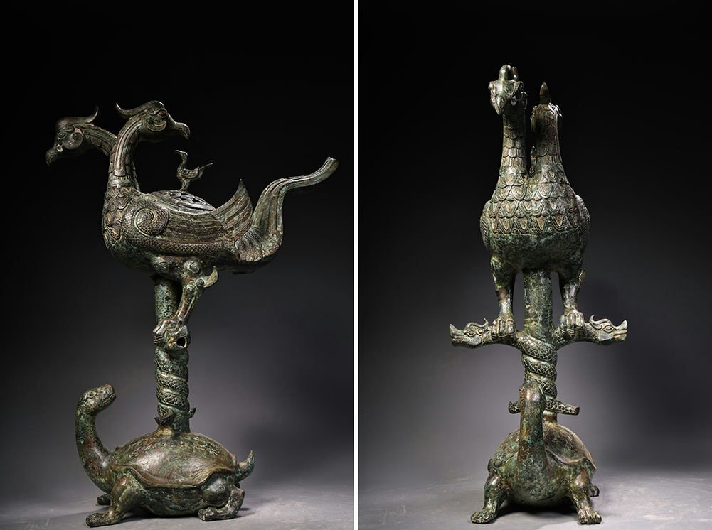 □観心・時代旧蔵□K4730戦漢時代 青銅器 青銅双頭鳥亀鶴薫香炉 □観心・時代旧蔵□K4730戦漢時代 青銅器 青銅双頭鳥亀鶴薫香炉
