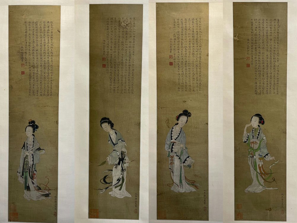 □観心・時代旧蔵□K4974中国古書道◇仇英 四美図 絹本立軸 □観心・時代旧蔵□K4974中国古書道◇仇英 四美図 絹本立軸