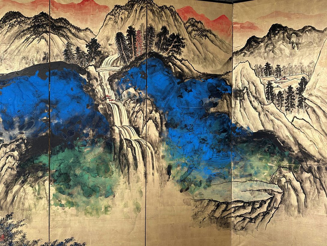 □観心・時代旧蔵□C4094中国古書道◇張大千 金地山水屏風 書画 □観心・時代旧蔵□C4094中国古書道◇張大千 金地山水屏風 書画
