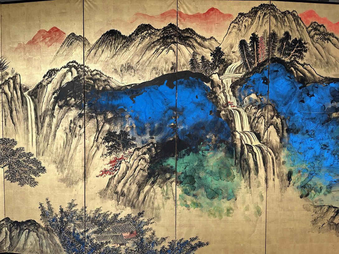 □観心・時代旧蔵□C4094中国古書道◇張大千 金地山水屏風 書画 □観心・時代旧蔵□C4094中国古書道◇張大千 金地山水屏風 書画
