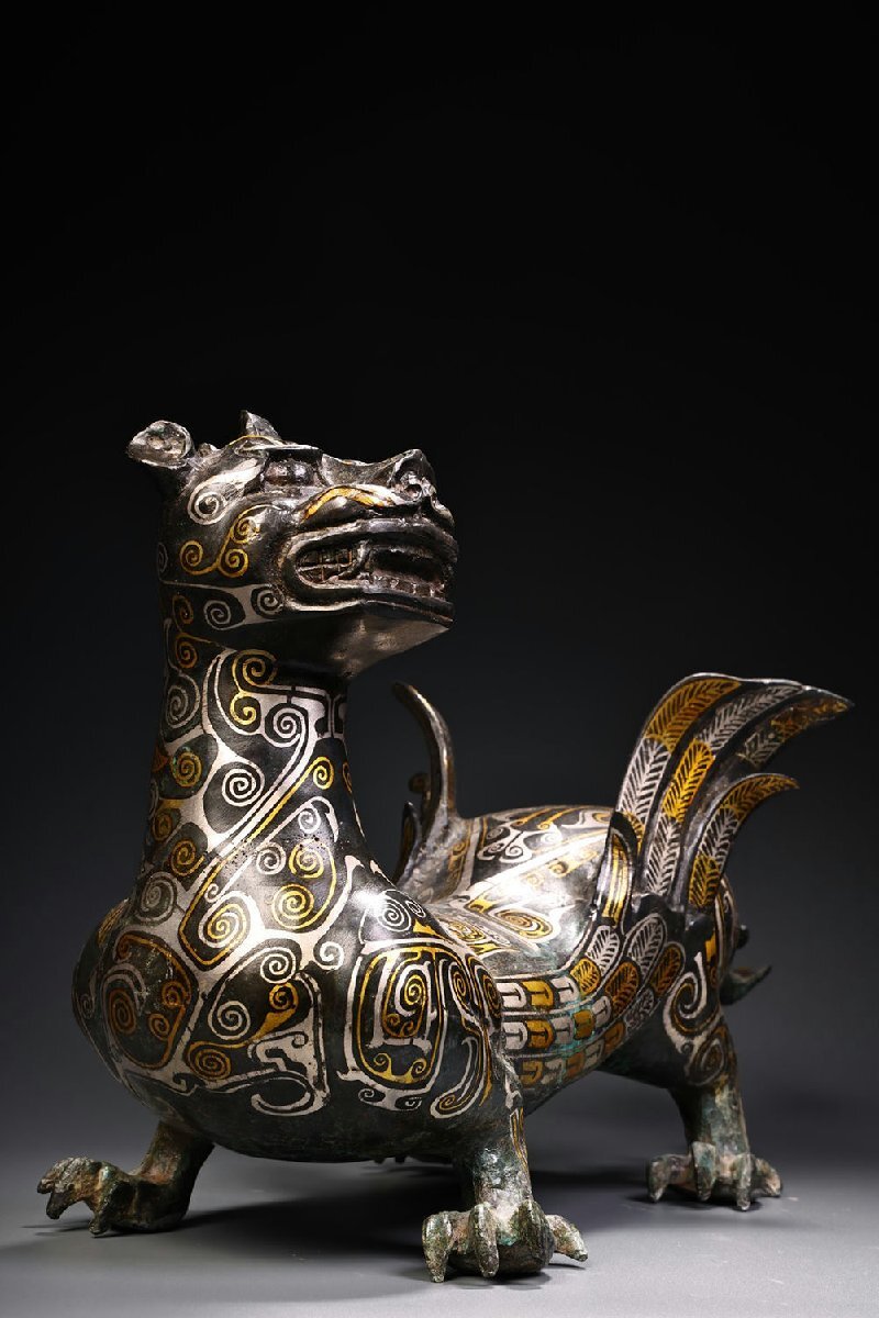 □観心・時代旧蔵□K4655戦漢時代 青銅器 青銅錯金銀飛獣 細密 □観心・時代旧蔵□K4655戦漢時代 青銅器 青銅錯金銀飛獣 細密