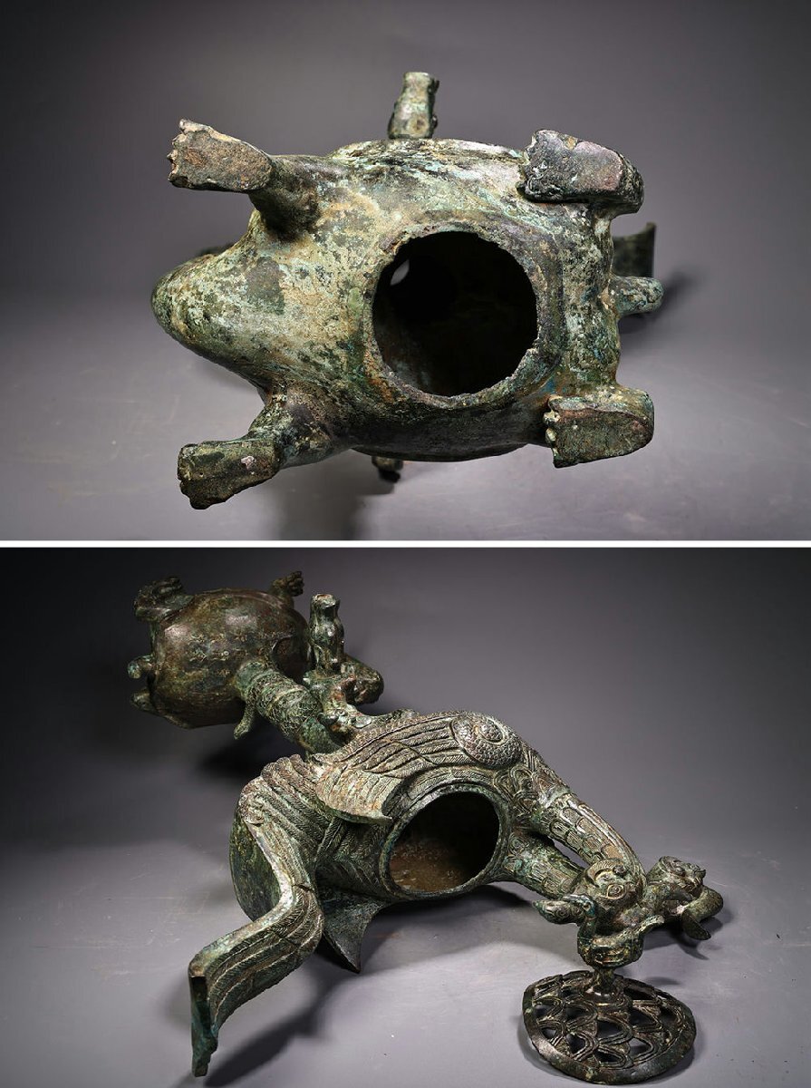 □観心・時代旧蔵□K4730戦漢時代 青銅器 青銅双頭鳥亀鶴薫香炉 □観心・時代旧蔵□K4730戦漢時代 青銅器 青銅双頭鳥亀鶴薫香炉