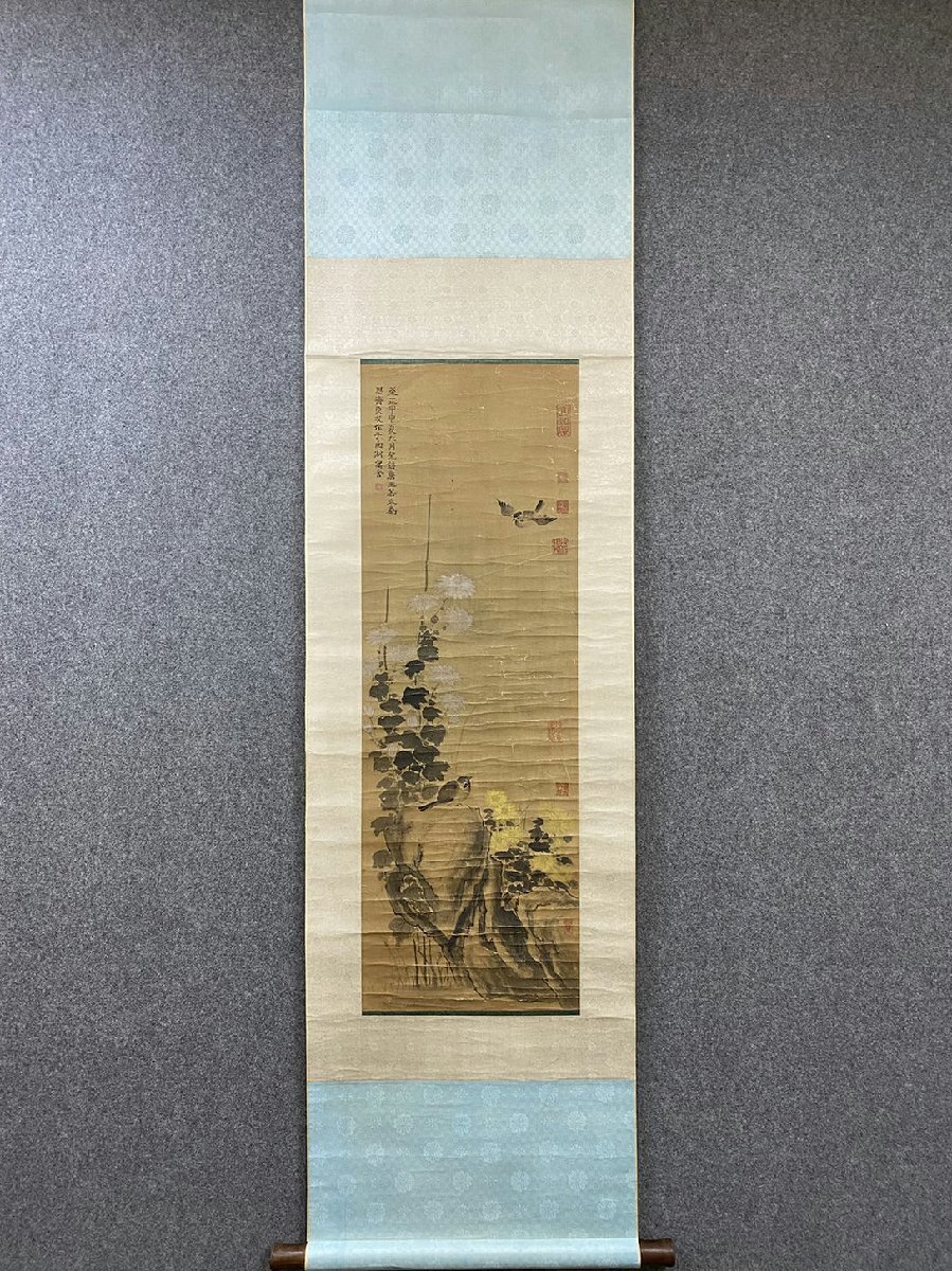 □観心・時代旧蔵□C4071中国古書道◇王淵 花鳥 絹本 掛け軸 □観心・時代旧蔵□C4071中国古書道◇王淵 花鳥 絹本 掛け軸