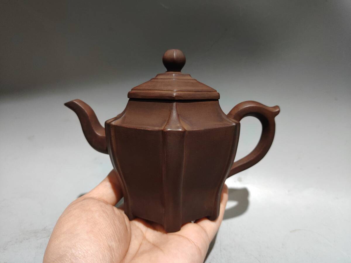 ▽鴻▽ 茶具 紫砂壺 六方壺 紫泥 時大彬款 茶壺 酒壺 急須 茶道具 茶道品 施釉陶