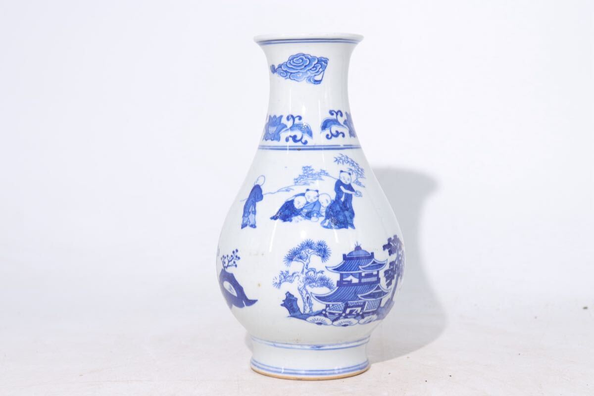 大清乾隆年製 款 染付 青花 稚児図 花瓶 / 中国美術 花器 壺 清 大清乾隆年製 款 染付 青花 稚児図 花瓶 / 中国美術 花器 壺 清