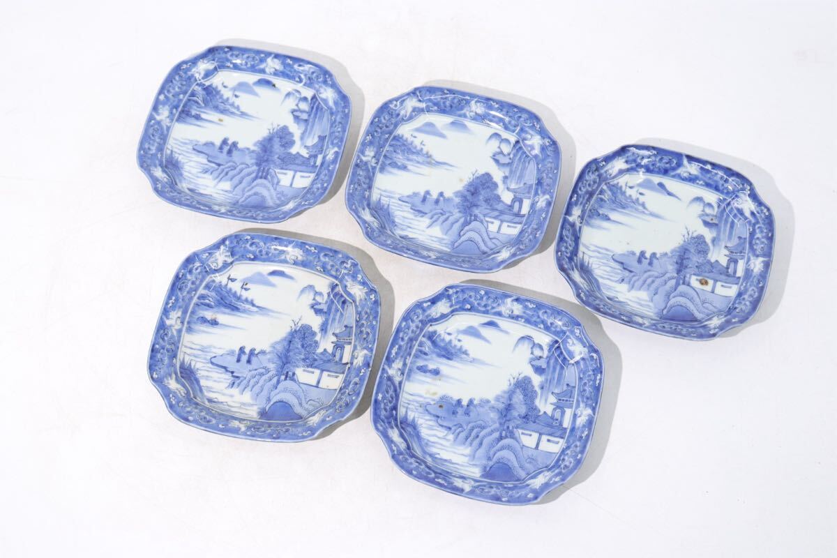 時代 角福 染付 角皿 5客 山水 / 皿 煎茶道具 検索: 古伊万里 時代 角福 染付 角皿 5客 山水 / 皿 煎茶道具 検索: 古伊万里