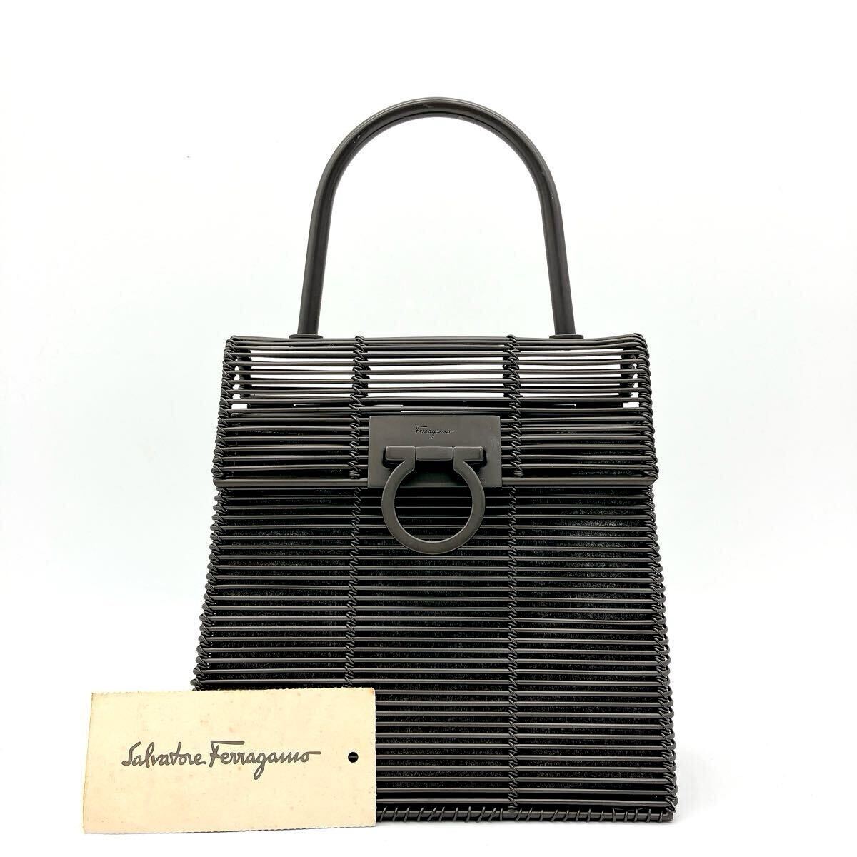 1スタ 極美品 Salvatore Ferragamo フェラガモ メタル ワイヤー メタリック スチール グレー ガンチーニ トップハンドル ハンドバッグ