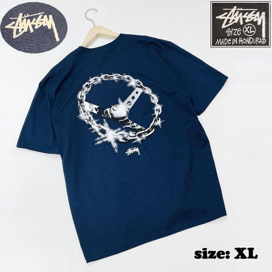 stussy【XL】ネイビー 半袖Tシャツ トップス 8ボール チェーン